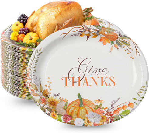 Tyzarglef 50Pcs Heavy Duty Thanksgiving Oval Paper Plates12.5"x10"Large Oval Disposable Dinner Platters, Pumpkin