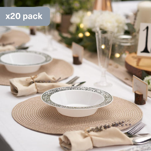 MATANA 20 pc Premium Plastic Party Bowls with Silver Lace Rim (7" Inch/ 12oz) Heat Resistant, Heavy Duty, Reusable Plastic Soup Bowls Dessert Bowls for Parties, Wedding, Thanksgiving, Picnics by MATANA