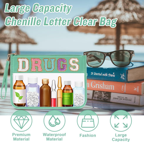 Iqimott Chenille Letter Patch Bag, Clear MEDS Drugs Pouch, Waterproof Nylon Zipper Toiletry Storage Case - Green
