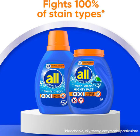 all Laundry Detergent Pacs, Fresh Clean Oxi plus Odor Lifter, 60 Count (Packaging May Vary)