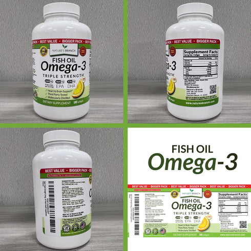 Best Triple Strength Omega 3 Fish Oil Pills - 180 Capsules, 2400mg High Potency Burpless Lemon Flavor for Heart Health