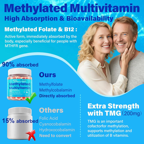 Gummies Omega-3, D3 K2, B12, CoQ10, 18 30 40 50 60 70+, Methylated Multivitamin for Women & Men w/ Calcium