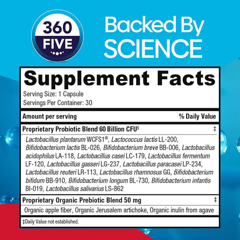 Adult Daily Extra Strength Probiotic Supplement - 60 Billion CFU, 15 Diverse Strains, Organic Prebiotic Fibers, 30CT