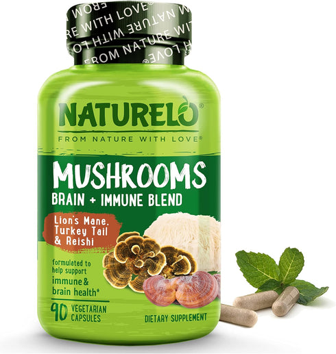 NATURELO Mushroom Supplement for Brain & Immune Health with Lion’s Mane, Reishi, Turkey Tail - 90 Vegan Capsules