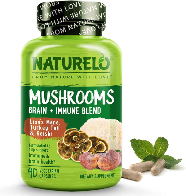 NATURELO Mushroom Supplement for Brain & Immune Health with Lion’s Mane, Reishi, Turkey Tail - 90 Vegan Capsules