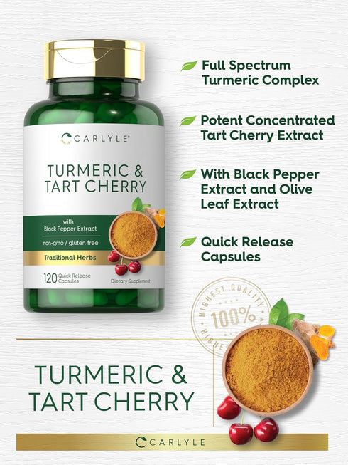 Carlyle Turmeric and Tart Cherry Capsules | 120 Count | Vegetarian, Non-GMO Supplement with Bioperine