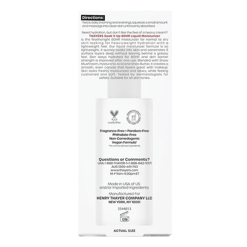 THAYERS Soak It Up 80HR Liquid Moisturizer, Face Moisturizer with Hyaluronic Acid and Snow Mushroom, 2.5 Oz