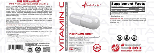 Metabolic Nutrition Vitamin C, 1500mg, High Absorption Ascorbic Acid Capsules (90 Caps)
