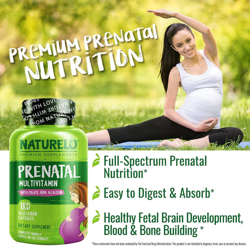 NATURELO Prenatal Multivitamin with Gentle Chelated Iron, Methyl Folate, Plant Calcium & Choline - Vegan, 180 Capsules