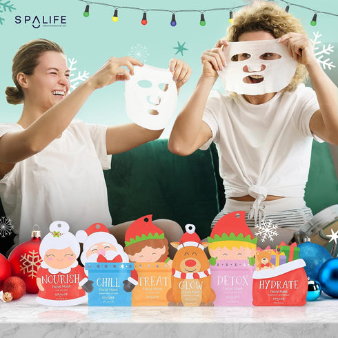 SpaLife Santa's Squad Hydrating Facial Masks, 12 Pack for Moisturizing and Soothing Beauty