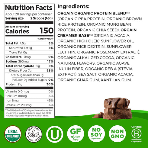 Orgain Organic Vegan Protein Powder - Creamy Chocolate Fudge, 21g Plant Protein, 2.03 lb, Low Net Carb, Non-GMO