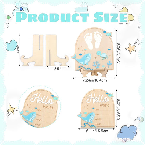 YOUAME Set Birth Announcement Wood Sign Board - Boy Under The Sea Newborn Footprint Milestone, Ocean Theme Hello World