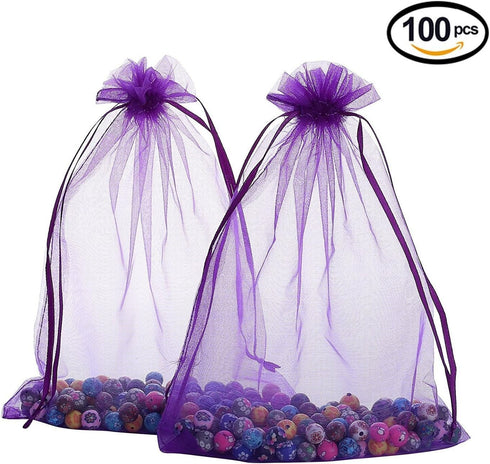 Wudygirl 100pcs Sheer Organza Bags 5‘’x7‘’ - Purple Drawstring Packages for Jewelry, Baby Shower & Party Favors