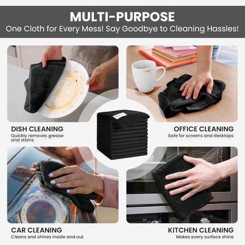 SIFANGKE 12 Pack 11.8"X11.8" Microfiber Cleaning Cloth, Lint-Free and Highly Absorbent Rags, Black Reusable Microfiber