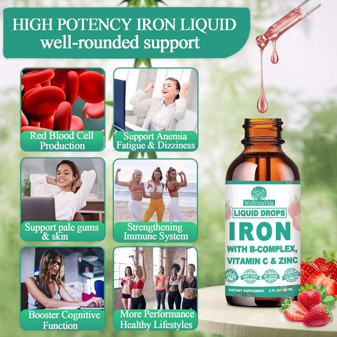 Liquid Iron Supplement w/Vitamin C, B-Complex, High Potency Iron Liquid w. Multivitamin, Vegan Iron Drops for Women
