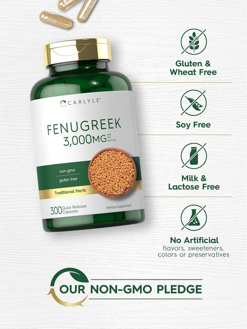 Carlyle Fenugreek Capsules, 300 Count, Non-GMO & Gluten Free Extract, Fenugreek Seeds