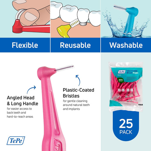 TEPE Interdental Brush Angle, Angled Dental Brush for Teeth Cleaning, Pack of 25, 0.40 mm, Extra-Small/Small Gaps,