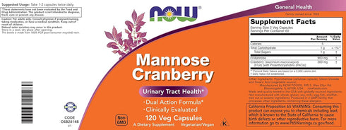NOW Foods Mannose Cranberry, 120 Veg Capsules, Bladder Cleanse, Urinary Tract Health, Vegan Friendly Supplement