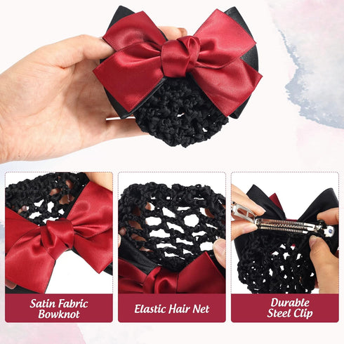 TXIN 3 Pieces Hair Snood Net Bun Cover, Knit Hairnet Bow Decor Barrette for Women, Black & Navy Blue & Red