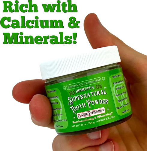 Krishna's Cupboard Supernatural Organic Tooth Cleaning Powder, All Natural, Stain Remover, Remineralizing & Teeth Whitening, Fluoride Free Vegan Sensitive Teeth Powdered Toothpaste, Peppermint 1.25 oz