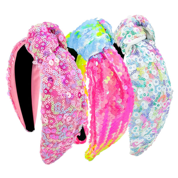 XIMA 3 PCS Sequin Headbands for Women and Girls, Neon Rainbow Sparkle Statement Top Knot Holiday Hair Accessories