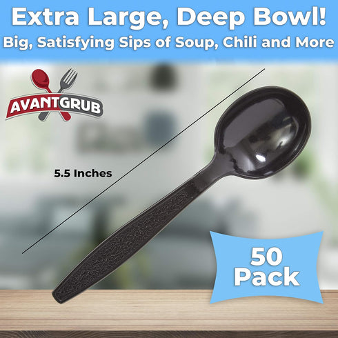 Extra Sturdy Pro-Grade Plastic Soup Spoons 50 CT, Heavy Duty Recyclable Utensils for Soups, Stews, Chili, Gumbo