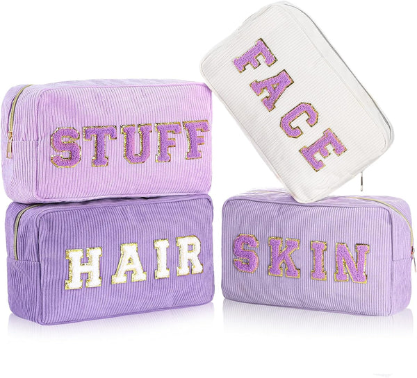 Pinkunn 4 Pcs Preppy Makeup Bags - Aesthetic Cosmetic Bag Set for Women - Birthday Gifts (Purple, Corduroy)