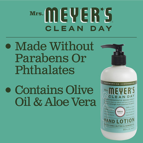MRS. MEYER'S CLEAN DAY Hand Lotion for Dry Hands, Non-Greasy Moisturizer with Essential Oils, Basil, 12 oz