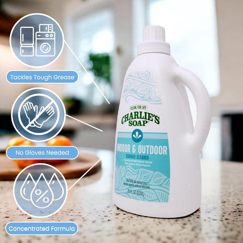 Charlie's Soap Surface Cleaner Refill (75 Fl. Oz.), Biodegradable Natural Spray Safe for Indoor & Outdoor Use