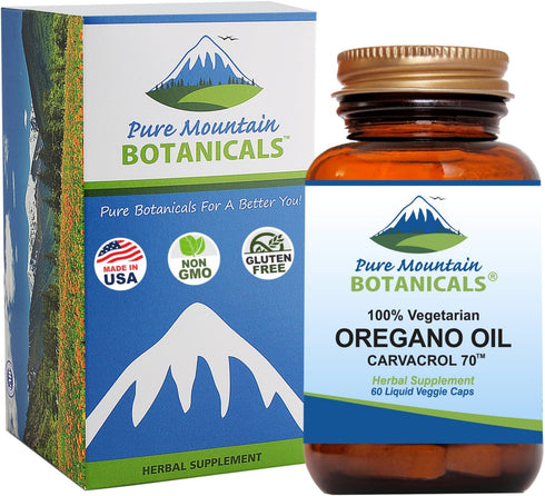 Pure Mountain Botanicals Wild Oregano Oil Capsules, 60 Kosher Vegan Caps, 510mg Mediterranean Oil