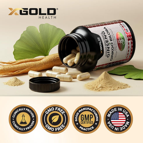 Korean Red Panax Ginseng 1200mg + Ginkgo Biloba Extra Strength Vegan Capsules for Energy, Performance & Focus