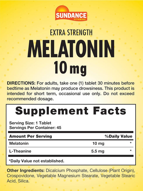 Sundance Melatonin 10mg Extra Strength | 45 Tablets | Vegetarian, Non-GMO, and Gluten Free Supplement