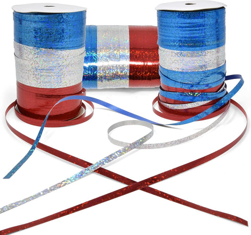 Patriotic Metallic Curling Ribbon Pack of 3, Red, Blue & Silver, 350 Yards Per Roll for 4th of July Gift Wrapping