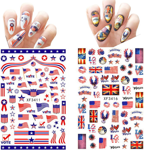 4th of July Nail Art Stickers, American Independence Day Design with Lips Flag Hearts Flame Shape for Women Girls