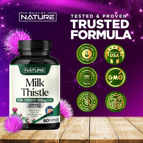 Milk Thistle 1000mg - 60 Veggie Capsules for Liver Detox with Silymarin Extract & Dandelion Root, Non-GMO