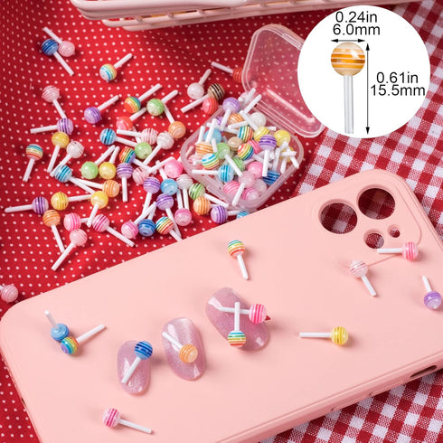 PAGOW 100pcs Lollipop Candy Nail Art Charm Cute 3D Acrylic Decoration for DIY Mini Designs, Sweet Love Craft Supplies