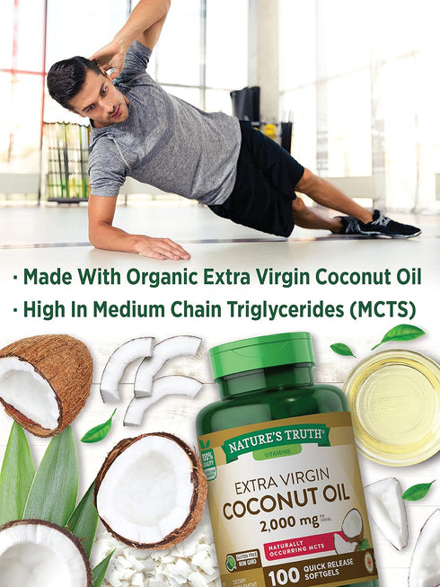 Nature's Truth Coconut Oil Capsules | 100 Softgels | Naturally Occurring MCTs | Non-GMO & Gluten Free