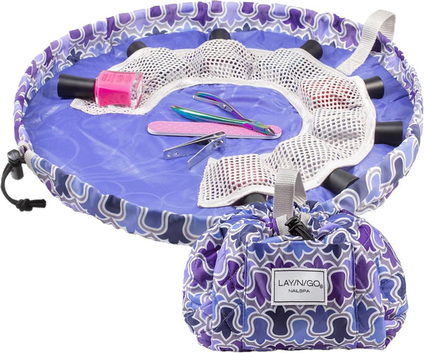 Lay-n-Go NailSpa Drawstring Cosmetic Bag - Portable Organizer with 8 Elastic Mesh Pockets (18", Violet Floral)