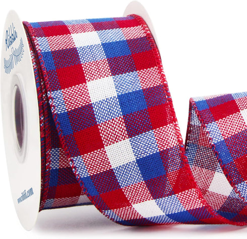 Ribbli Patriotic Check Wired Ribbon 2-1/2 Inch x 10 Yard Red/White/Blue for 4th of July, Wreaths, Outdoor Decor