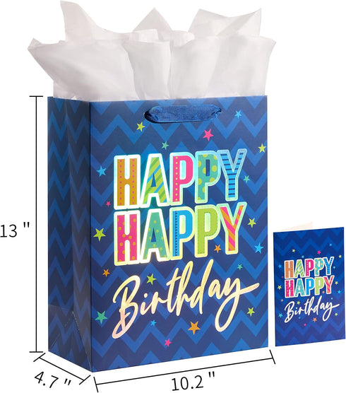 SUNCOLOR 13" Large Happy Birthday Gift Bag with Card and Tissue Paper (Blue Happy Birthday)