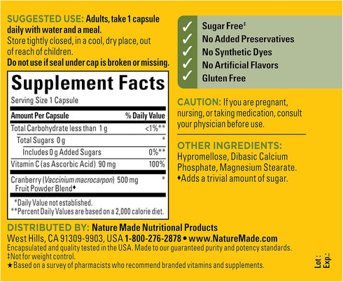 Nature Made Cranberry Supplement 500mg - 60 Capsules, with Vitamin C for Immune & Antioxidant Support