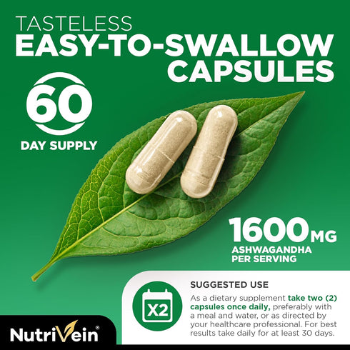 Nutrivein Organic Ashwagandha Capsules 1600mg with Black Pepper Extract - 120 Vegan Pills for Stress Relief & Immune