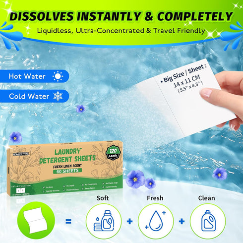 Laundry Detergent Sheets, Fresh Linen Scent, 120 Loads (60 Sheets), Plastic Free, Eco Friendly & Hypoallergenic