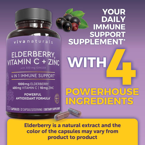 Viva Naturals 4-in-1 Daily Immune Support Supplement, 120 Capsules - 1000mg Sambucus Black Elderberry with Zinc and Vitamin C for Adults + Ginger - 2 Month Supply