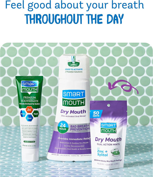 SmartMouth Package with Dry Mouth Activated Mouthwash - 16 Fl Oz, Soothing Mint & Dual-Action Mints, 50 Count