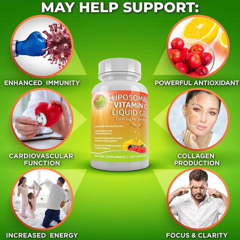 Liposomal Vitamin C Liquid Gel Capsules - 1100mg, Organic Acerola Cherries, Immune Support, 120 count