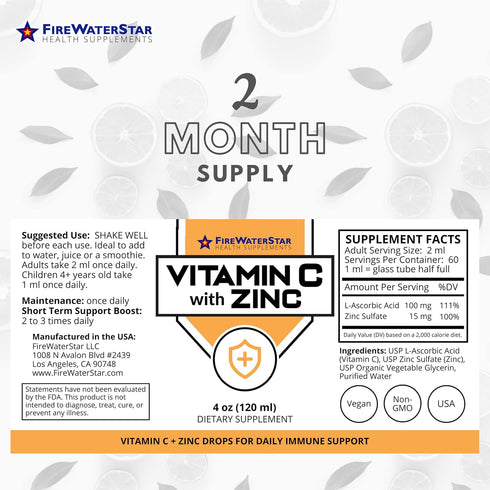 FWS Liquid Vitamin C + Zinc - Pure Ascorbic Acid + Zinc - 4oz - 120 Servings - Organic, Non-GMO, Vegan - Bioactive Vitamin C - Immune Support, Skin Health, Antioxidants - for Adults, Teens and Kids