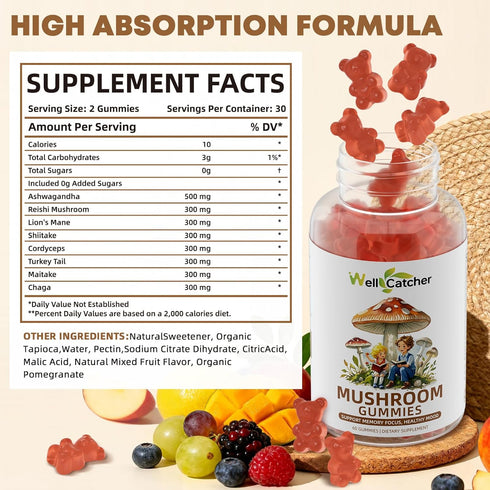 Gummies 60CT Mushroom Supplement with Ashwagandha - Lion Mane Mushroom Supplement for Adults Kids with Reishi Cordyceps