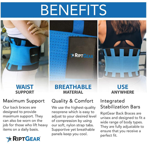 RiptGear Back Brace for Lower Back Pain Relief, Breathable Support for Men and Women - Black, XXL (Waist: 40"-43")