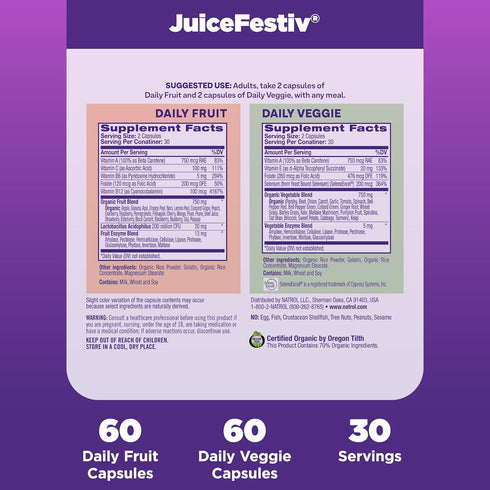 Natrol JuiceFestiv, Ultimate Fruit and Veggie Super-Food, 60 Capsules (2-Count), Supports Balanced Nutrition